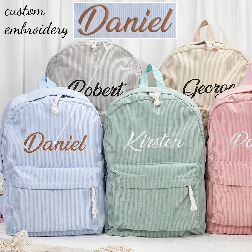 School Backpack Teen - Custom Embroidery Name Corduroy School Bag
